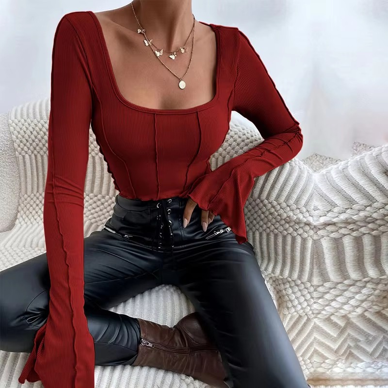 Casual Long Flare Sleeve Knitted Backless Streetwear Bandage Crop Top - Image 4