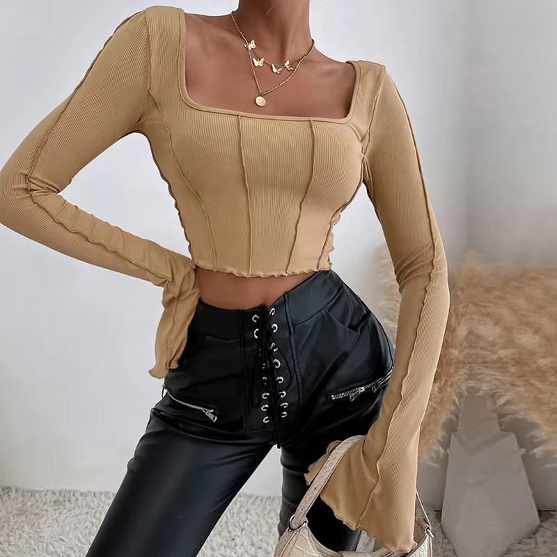 Casual Long Flare Sleeve Knitted Backless Streetwear Bandage Crop Top - Image 6