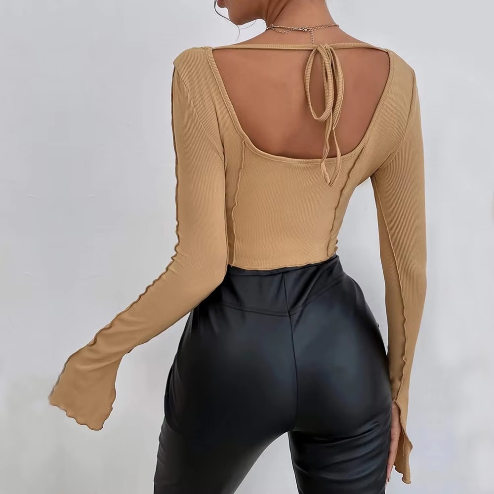 Casual Long Flare Sleeve Knitted Backless Streetwear Bandage Crop Top - Image 10