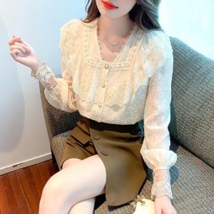 Casual Long Sleeve Ruffles V-Neck Lace Blouse Shirt