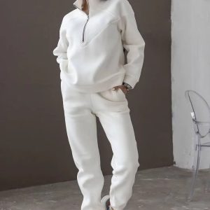 Casual Long Sleeve Solid Color Fleece Pullover Hooded Sweatshirt 2-Piece Set