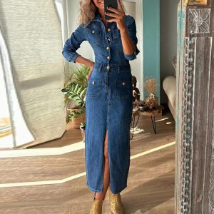 Casual Long Sleeved Split Vintage Turn-down Collar Button Slim High Street A-line Denim Dress