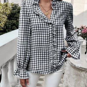 Casual Long-sleeve Single Breasted Ruffled Plaid Button Shirts