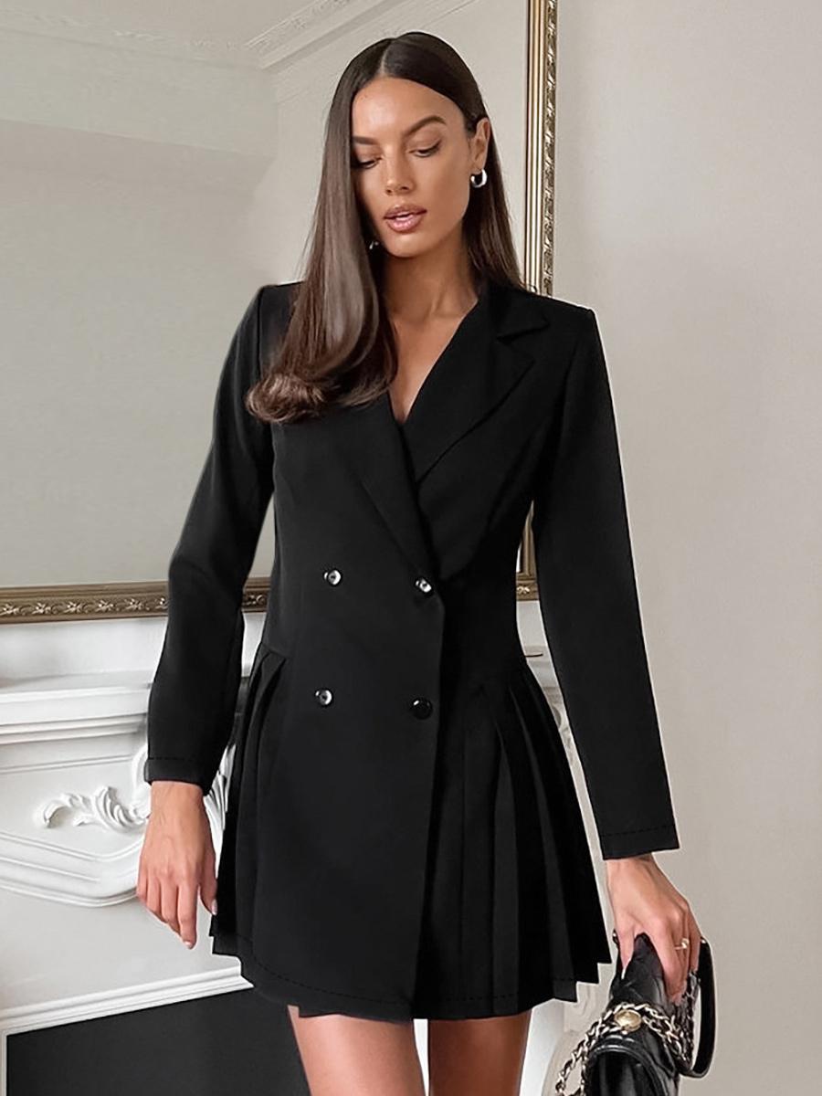 Casual Notched Lapel Double-Breasted Long Sleeve Pleated Mini Blazer Dress - Image 2