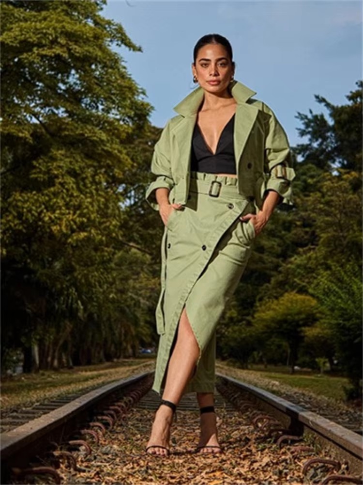 Casual Notched Long Sleeved Workwear Button Versatile Belt Set Skirt 2 Piece Sets - Image 8