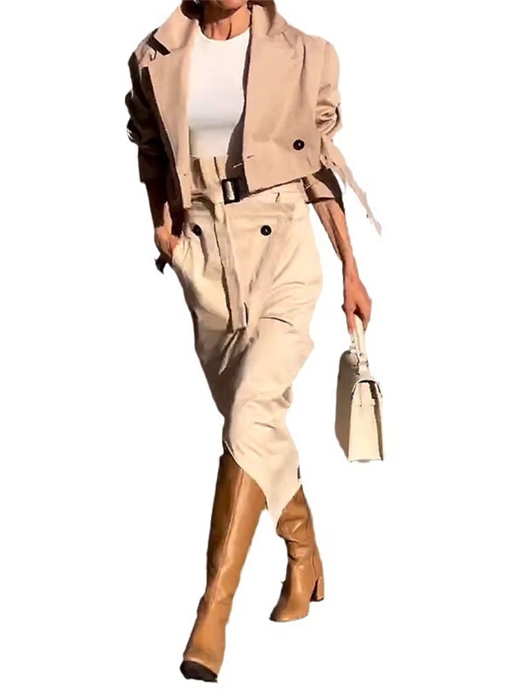 Casual Notched Long Sleeved Workwear Button Versatile Belt Set Skirt 2 Piece Sets - Image 4