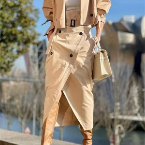 Casual Notched Long Sleeved Workwear Button Versatile Belt Set Skirt  2 Piece Sets