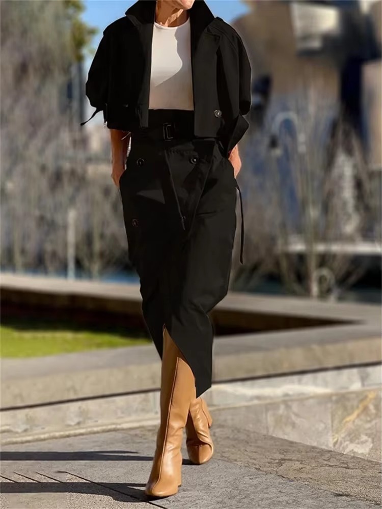 Casual Notched Long Sleeved Workwear Button Versatile Belt Set Skirt 2 Piece Sets - Image 7