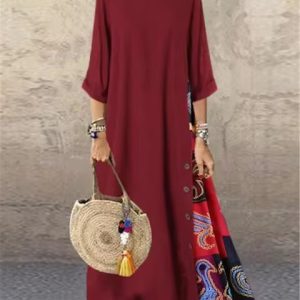 Casual O-Neck half Sleeve Streetwear Cotton Linen Vintage Long Dress