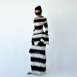 Casual Oblique Shoulder Long Sleeve Stripes Body-Shaping Maxi Dress