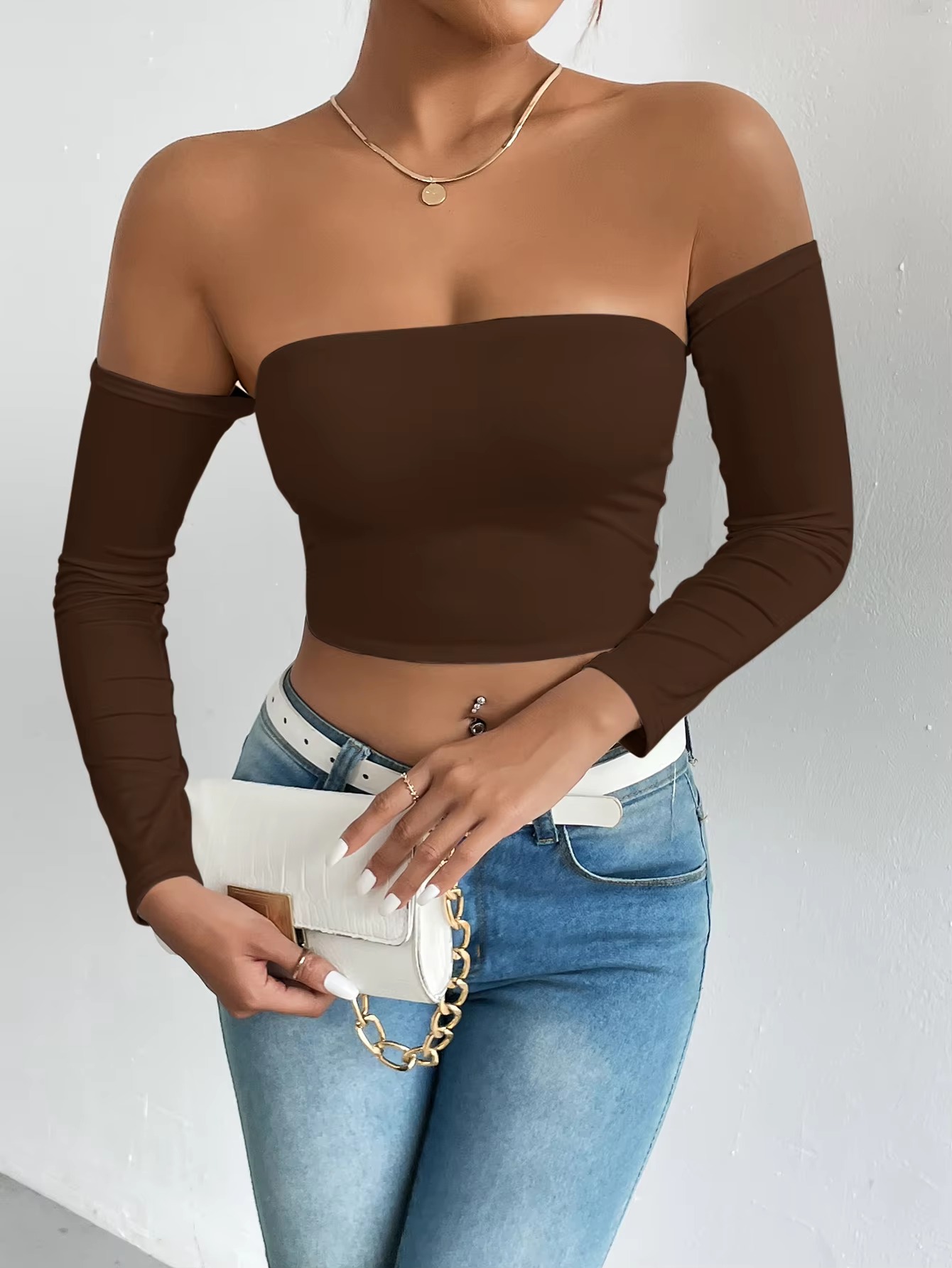 Casual Off Shoulder Backless Long Sleeve High Stretch Crop Top - Image 6