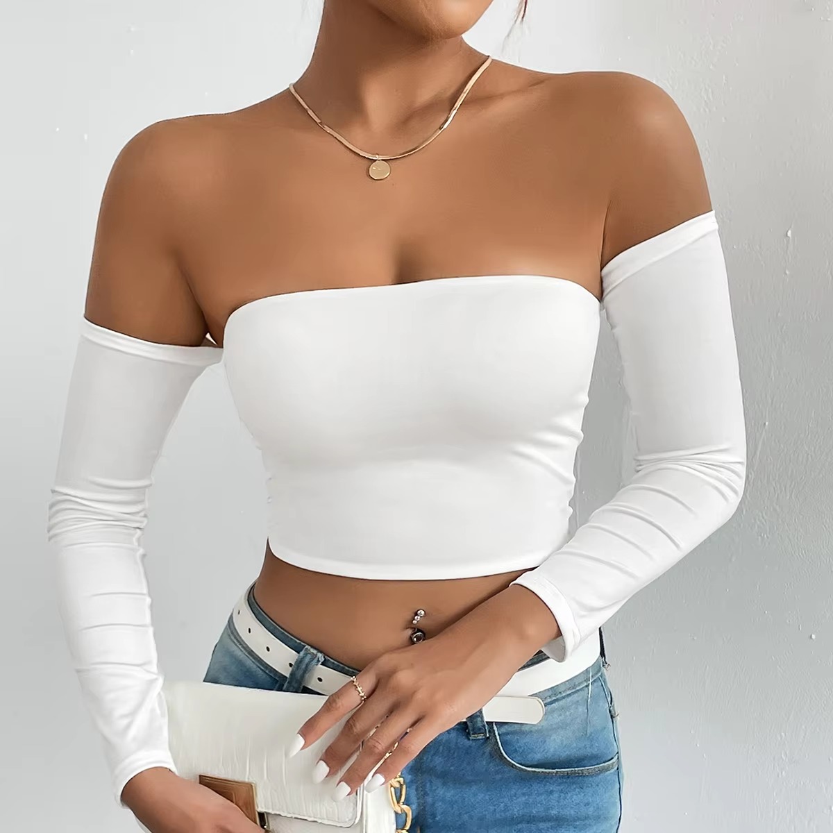 Casual Off Shoulder Backless Long Sleeve High Stretch Crop Top - Image 3