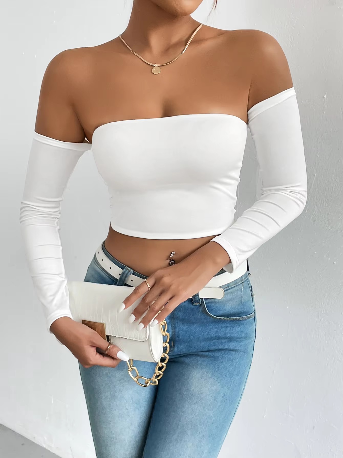 Casual Off Shoulder Backless Long Sleeve High Stretch Crop Top - Image 2
