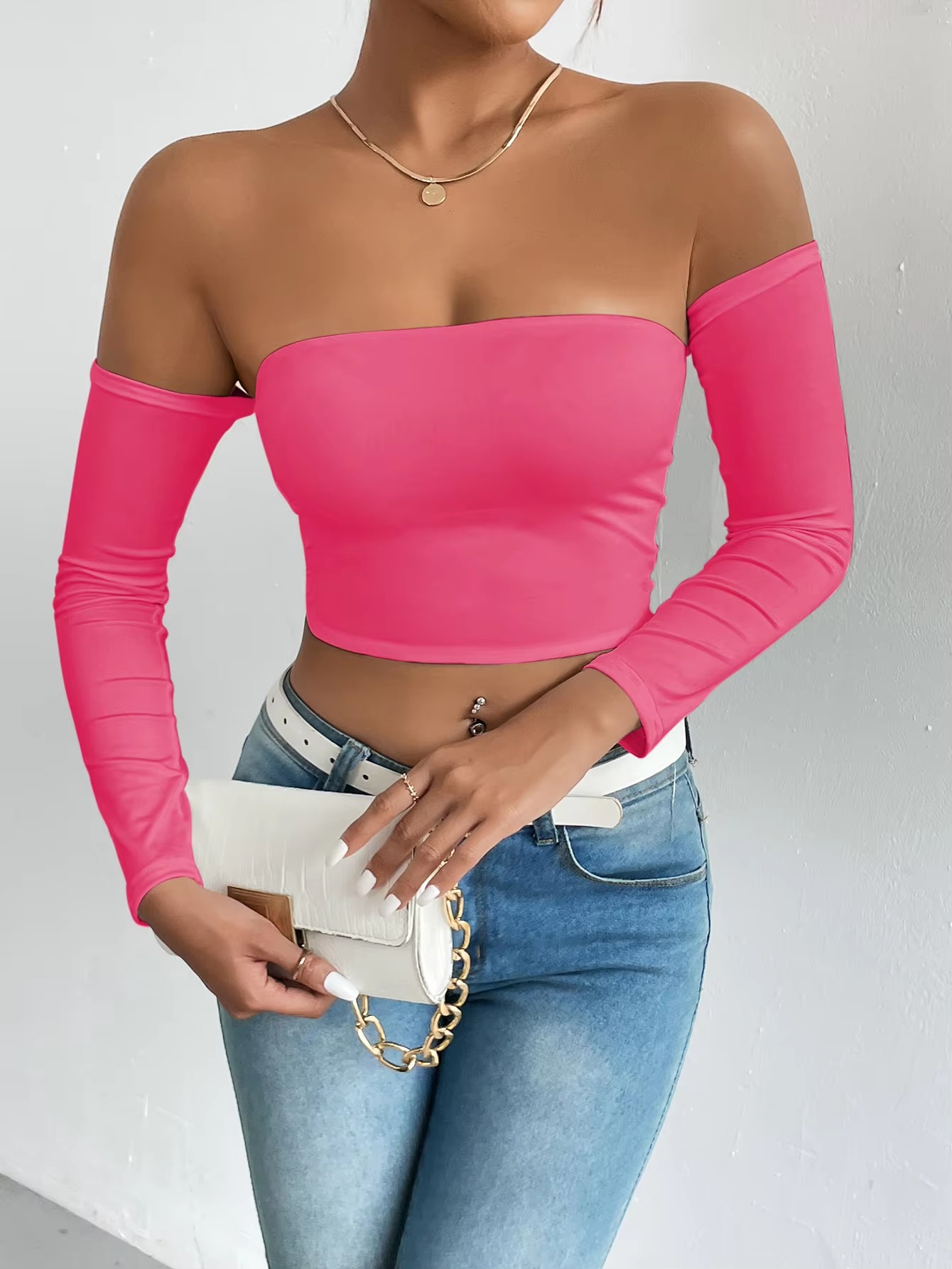 Casual Off Shoulder Backless Long Sleeve High Stretch Crop Top - Image 7