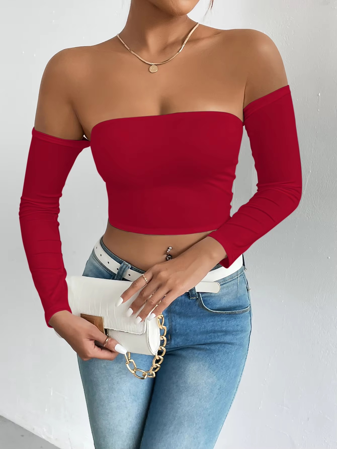 Casual Off Shoulder Backless Long Sleeve High Stretch Crop Top - Image 8