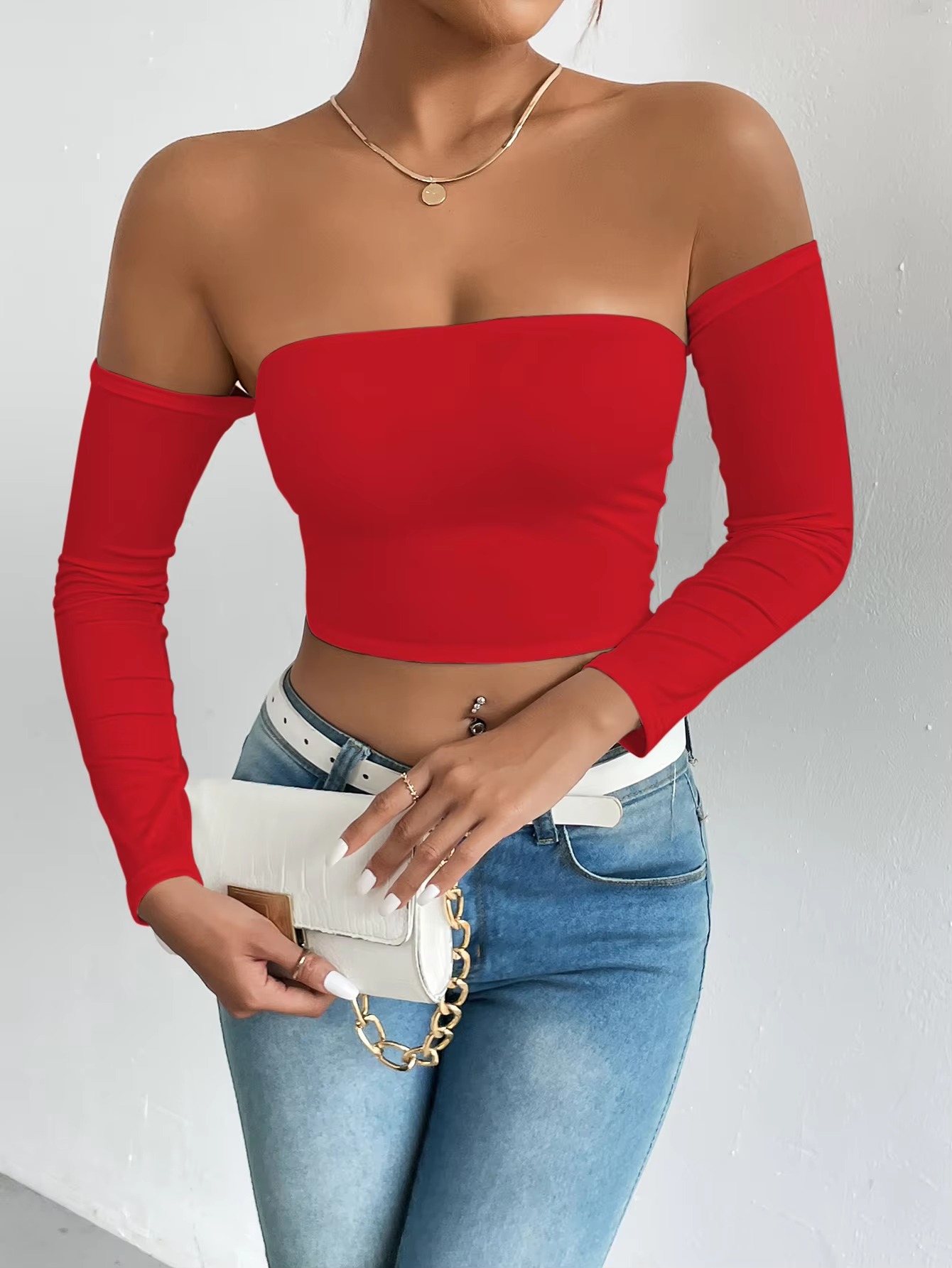 Casual Off Shoulder Backless Long Sleeve High Stretch Crop Top - Image 9