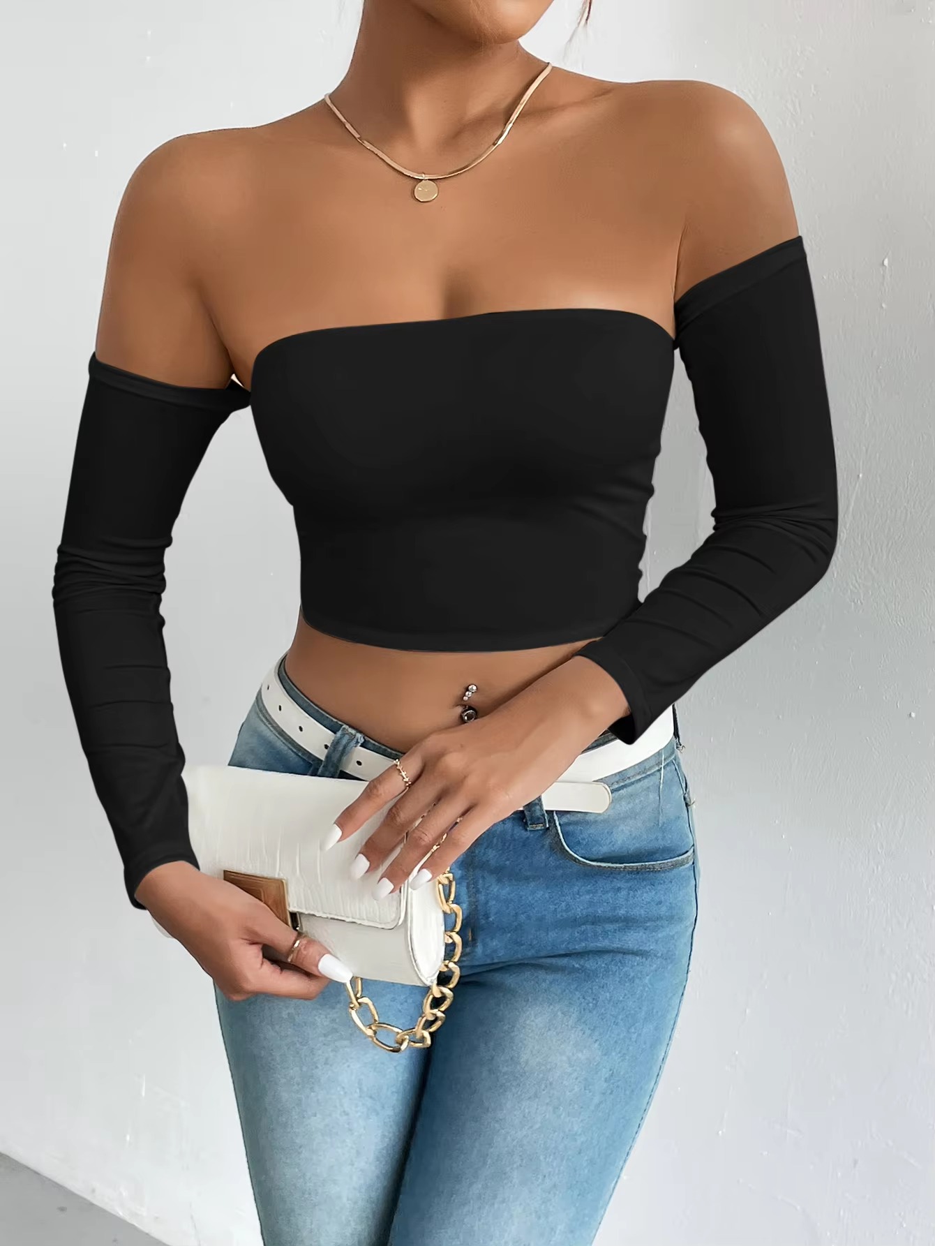 Casual Off Shoulder Backless Long Sleeve High Stretch Crop Top - Image 10