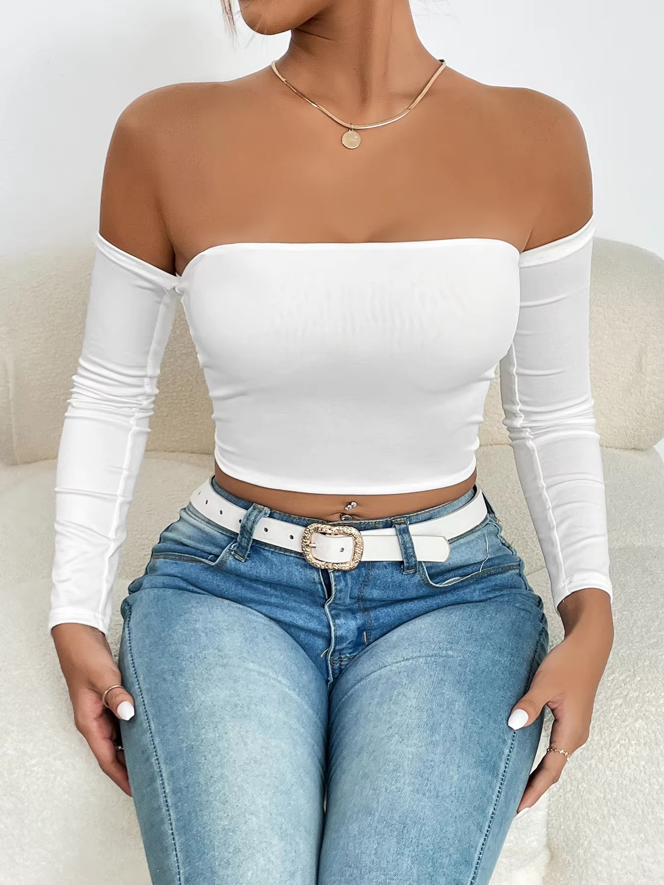 Casual Off Shoulder Backless Long Sleeve High Stretch Crop Top - Image 4