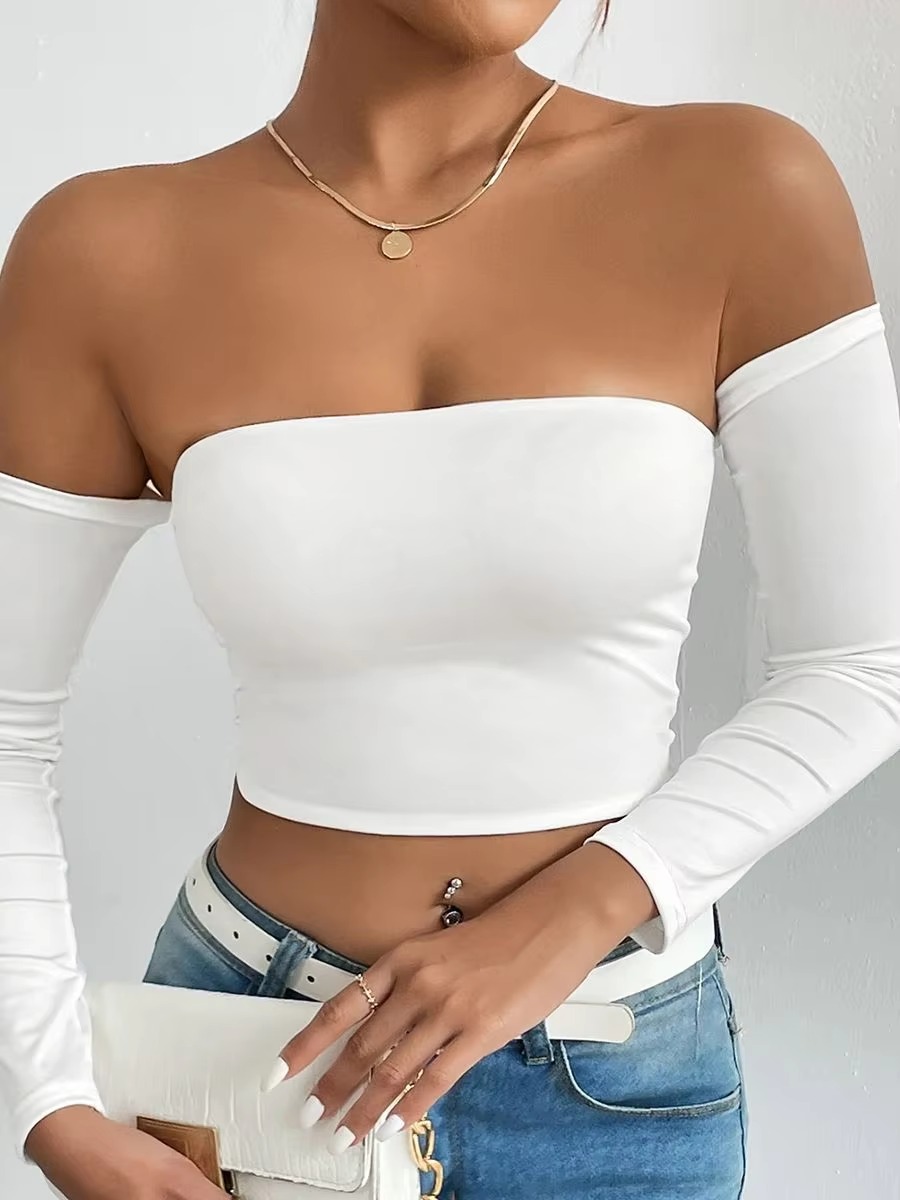 Casual Off Shoulder Backless Long Sleeve High Stretch Crop Top - Image 5