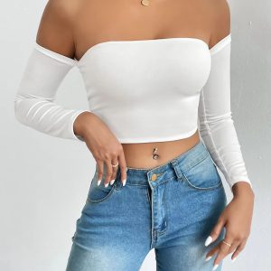 Casual Off Shoulder Backless Long Sleeve High Stretch Crop Top