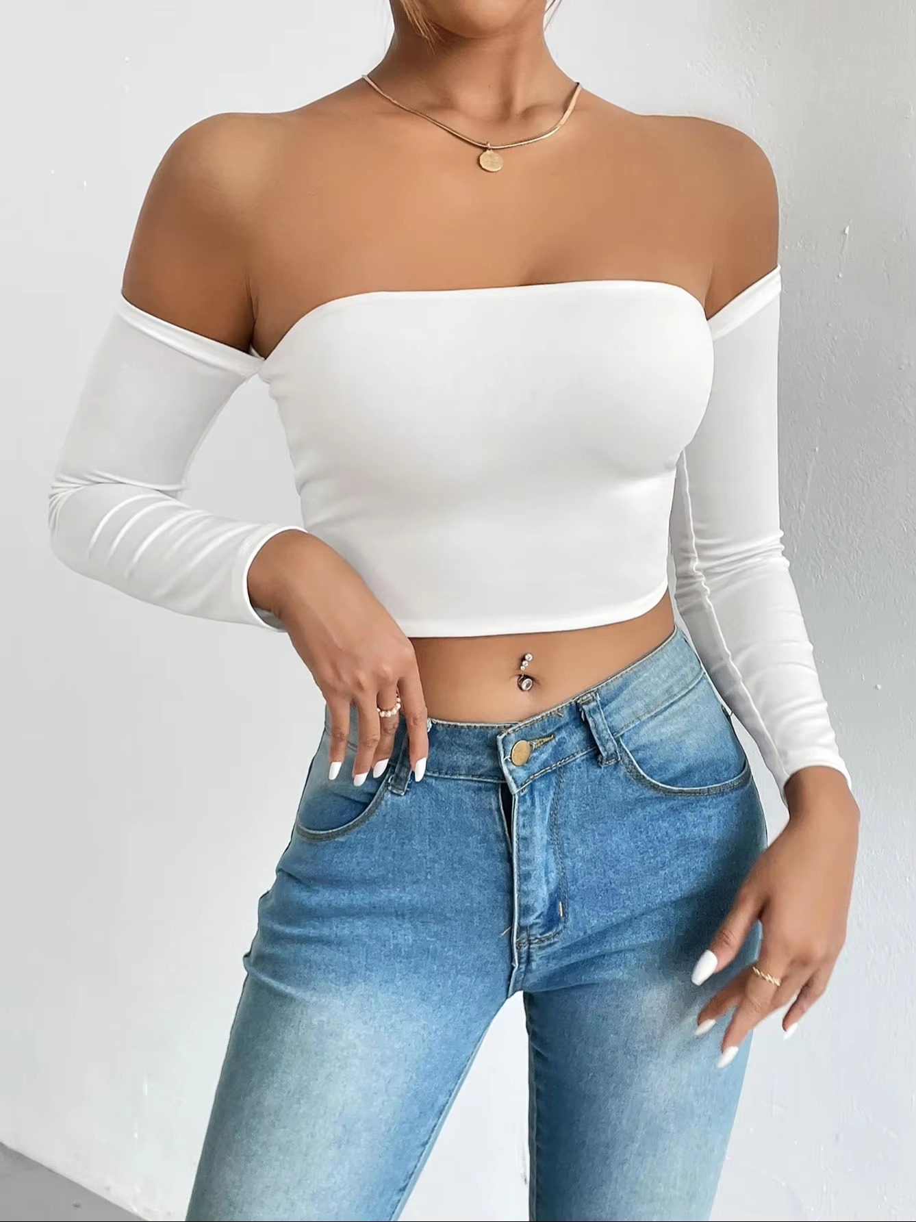 Casual Off Shoulder Backless Long Sleeve High Stretch Crop Top