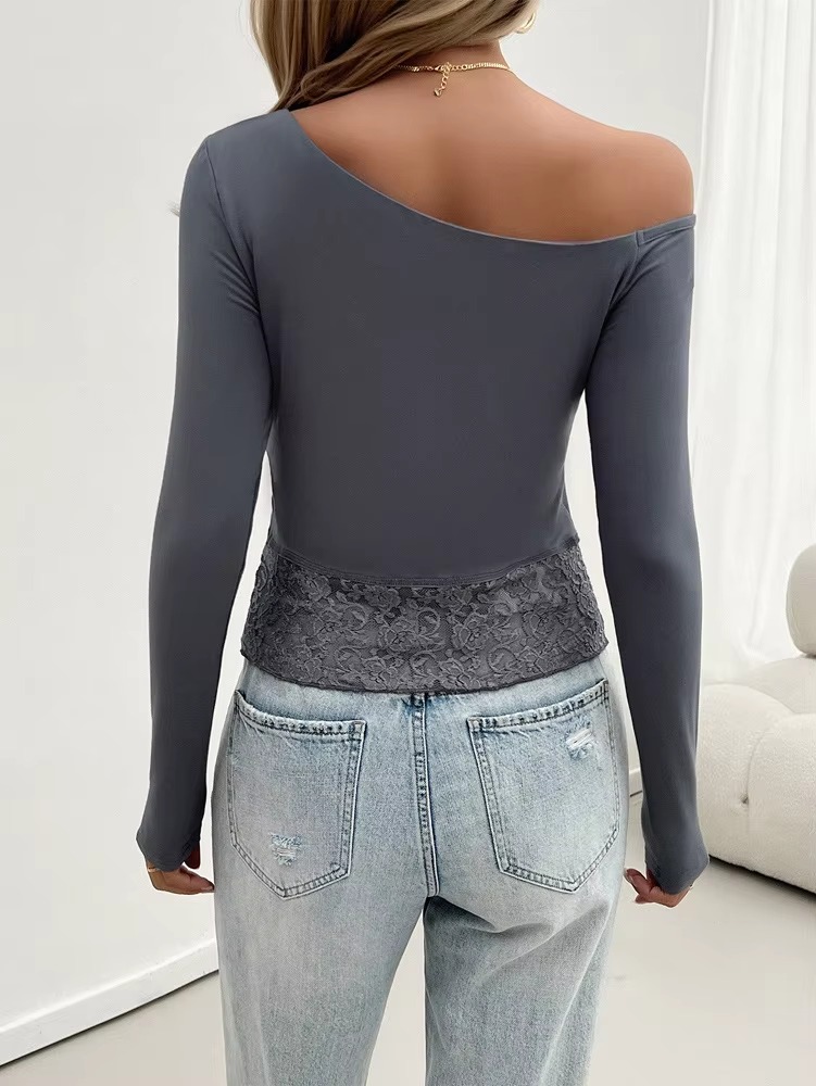 Casual Off Shoulder Lace Patchwork Slight Stretch Slim Solid Tops - Image 9