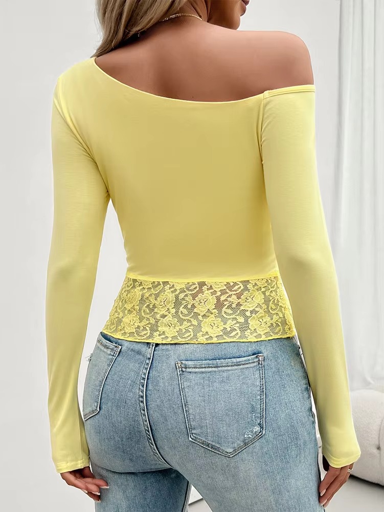 Casual Off Shoulder Lace Patchwork Slight Stretch Slim Solid Tops - Image 12