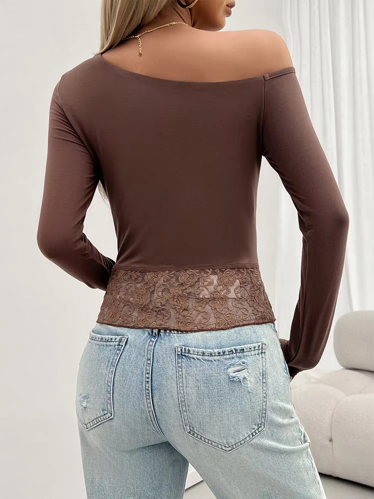 Casual Off Shoulder Lace Patchwork Slight Stretch Slim Solid Tops - Image 6