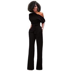 Casual One Shoulder Slash Neck Button Full Length Wide Legs Jumpsuit