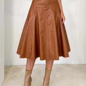 Casual PU Leather Raised Waist Mid-calf Length Street Wear Bottoms Skirts