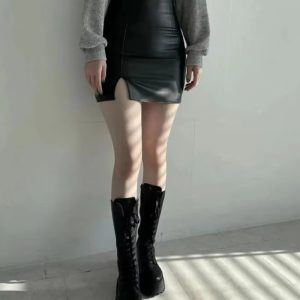 Casual PU Leather Skinny High Waist Side Split Hip Mini Skirt