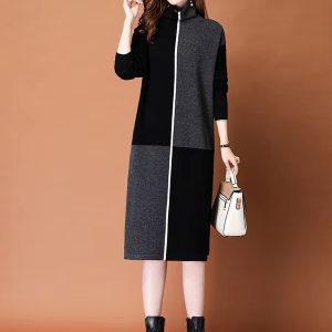 Casual Plaid Turtleneck Thickening Warm Comfort Soft Wool Knit Dress