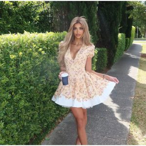 Casual Pleated Patchwork Puff Sleeve Printing Mini Dress