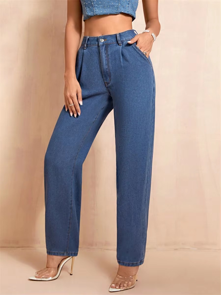 Casual Pockets Classic Baggy Straight Leg Vintage High Waisted Denim Pants - Image 2