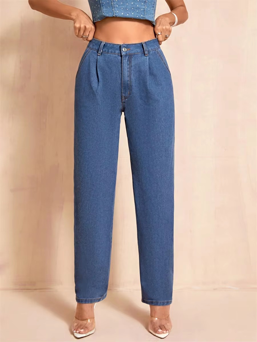 Casual Pockets Classic Baggy Straight Leg Vintage High Waisted Denim Pants - Image 4
