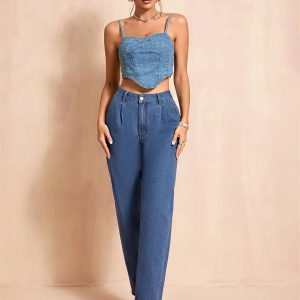 Casual Pockets Classic Baggy Straight Leg Vintage High Waisted Denim Pants