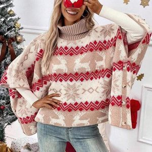 Casual Polo Neck Batwing Sleeves Loose Tunic Sweater