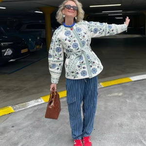 Casual Print Quilted Belt O-neck Single Breasted Long Lantern Sleeve Jackets