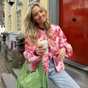 Casual Print Quilted O-neck Long Lantern Sleeve Single Breasted Jacket