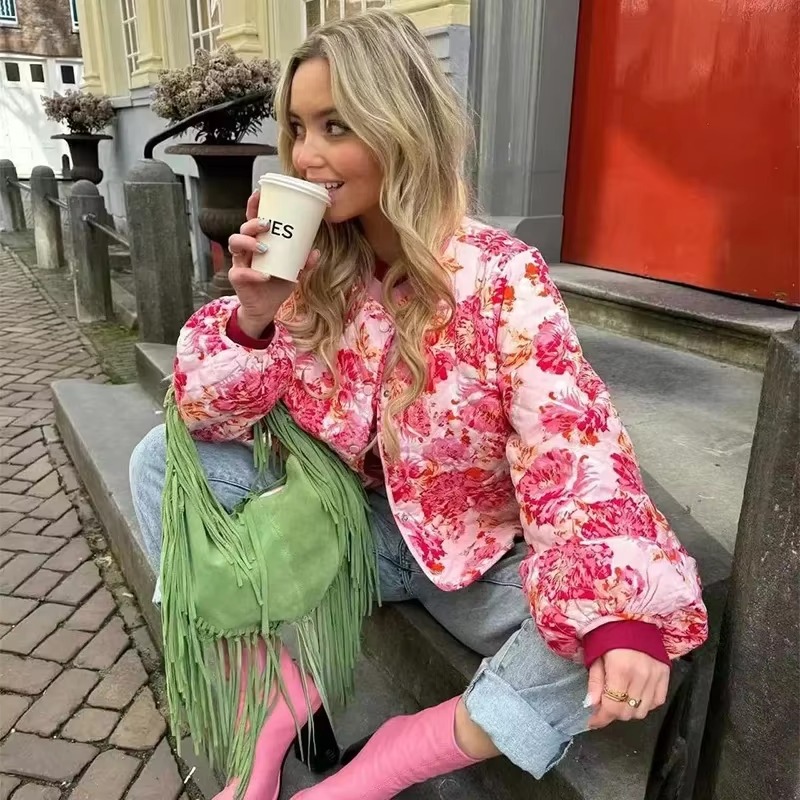 Casual Print Quilted O-neck Long Lantern Sleeve Single Breasted Jacket - Image 3