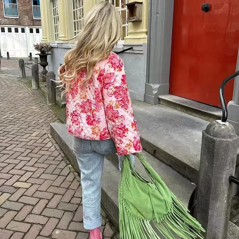 Casual Print Quilted O-neck Long Lantern Sleeve Single Breasted Jacket - Image 5