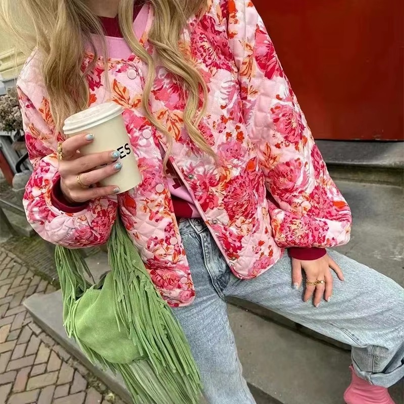 Casual Print Quilted O-neck Long Lantern Sleeve Single Breasted Jacket - Image 4