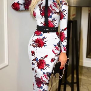 Casual Print Long Sleeve with Belt empire Waist Slim Bodycon Midi Dress