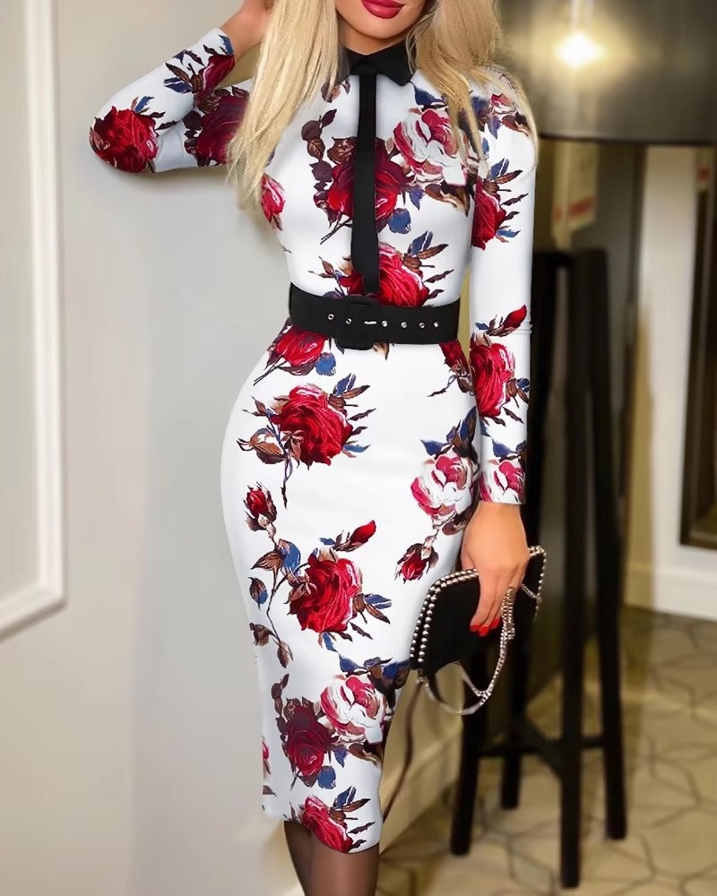 Casual Print Long Sleeve with Belt empire Waist Slim Bodycon Midi Dress