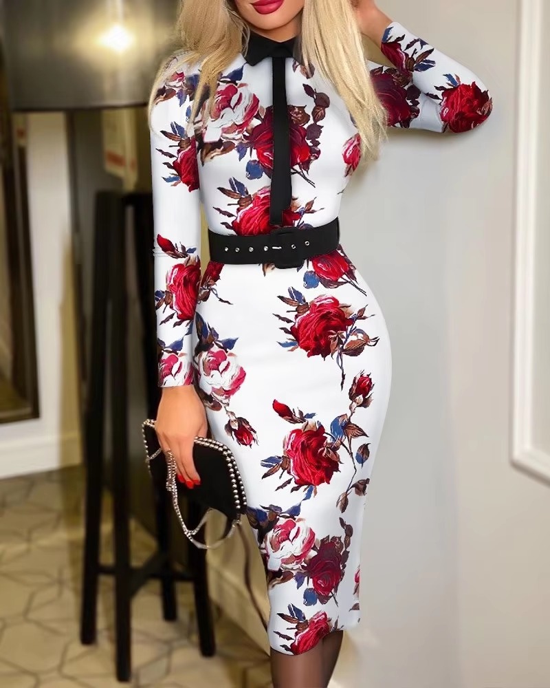 Casual Print Long Sleeve with Belt empire Waist Slim Bodycon Midi Dress - Image 2