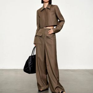 Casual Pullover Zipper Pocket Straight Pants Suit Two-piece