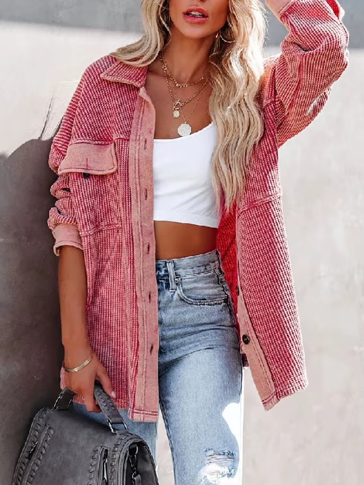 Casual Retro Solid Long Sleeve Turn Down Collar Button Outerwear Jacket - Image 7