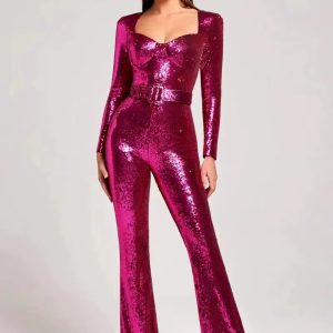 Casual Sequined Long Sleeve Belt Mopping Mid Waist Evening Jumpsuit
