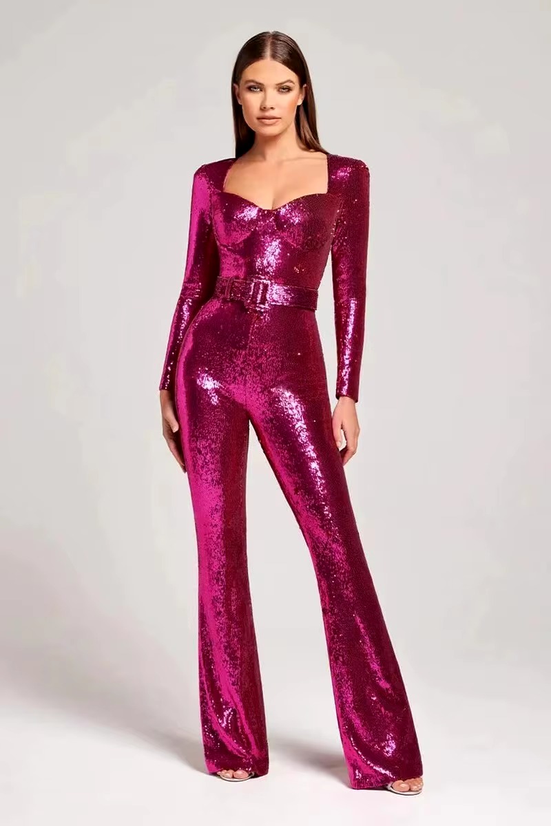 Casual Sequined Long Sleeve Belt Mopping Mid Waist Evening Jumpsuit
