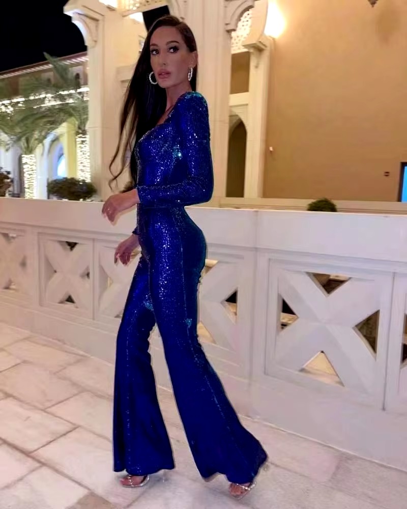 Casual Sequined Long Sleeve Belt Mopping Mid Waist Evening Jumpsuit - Image 6